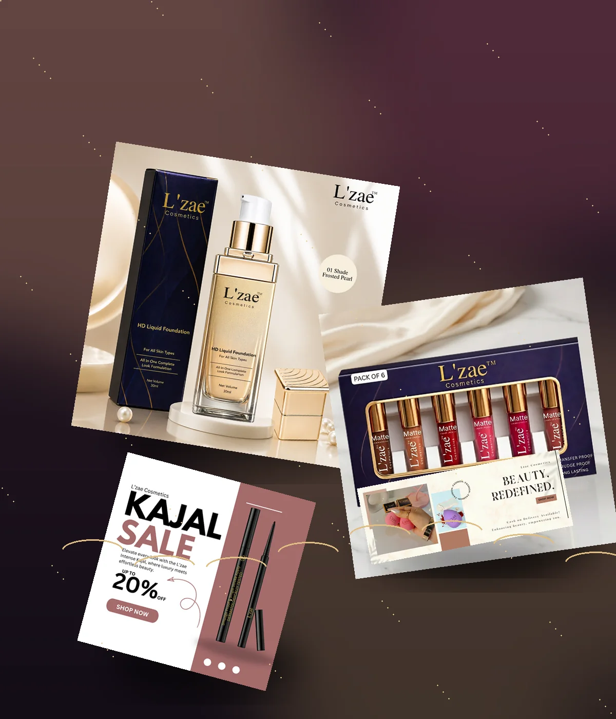 L'zae Cosmetics foundation, lipstick, kajal and beauty blender